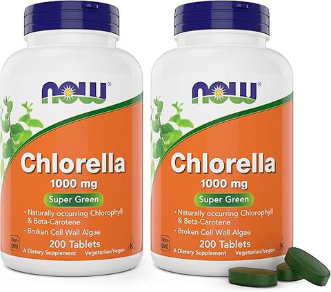 NOW Foods - Now Chlorella 1000mg Tablets – 200 Unidades (Pacote com 2) – Clorofila Natural, Beta-Caroteno – Não-OGM, Vegano – Suplemento Alimentar Verde para Mulheres e Homens