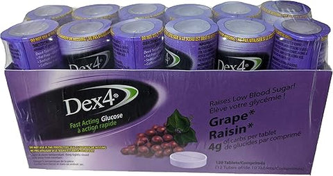 Tabletes de Glicose, Uva, 12-Pack de Tubos Dex4, 10 Tabletes em Cada Tubo, Cada Tablete Contém 4g de Carboidratos de Ação Rápida - Dex4