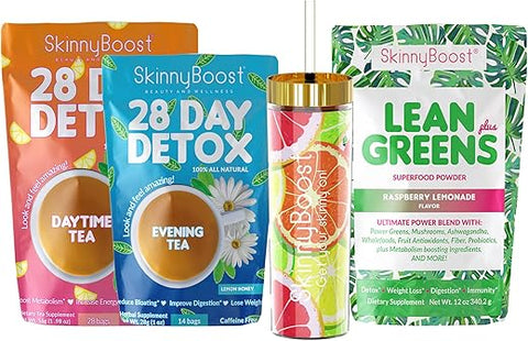 SkinnyBoost - Kit Skinny Boost Tea – Chá Diurno (28 sachês) + Chá Detox Noturno (14 sachês), Pó Superfood Lean Greens Plus, Copo Grátis, Sem GMO, Vegano, Detox Natural e Limpeza