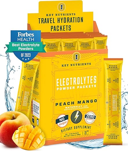 Pacotes de Pó de Eletrólitos – Sabor Pêssego Manga Tropical 20 Pacotes de Hidratação – Pó de Hidratação para Viagem – Sem Açúcar, Sem Calorias, Sem Glúten – Fabricado nos EUA - KEY NUTRIENTS