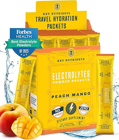 Pacotes de Pó de Eletrólitos – Sabor Pêssego Manga Tropical 20 Pacotes de Hidratação – Pó de Hidratação para Viagem – Sem Açúcar, Sem Calorias, Sem Glúten – Fabricado nos EUA - KEY NUTRIENTS