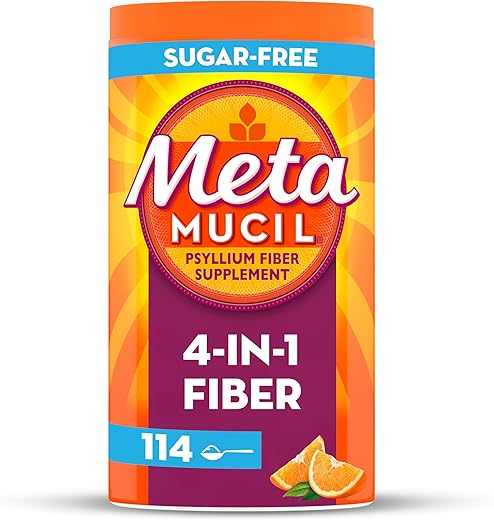 Pó de Casca de Psyllium Diário, Sem Açúcar, 4-em-1 para Saúde Digestiva, Bebida com Sabor de Laranja, 114 colheres de chá, 635g - Metamucil