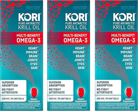 Oil Omega-3 400mg, 270 Mini Softgels | Ômega-3 Multi-Benefícios | Absorção Superior vs Óleo de Peixe, Fácil de Engolir | Kori Krill Oil - Kori Krill