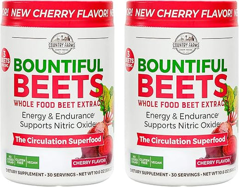 Bountiful Beets em Pó, Extrato de Beterraba Integral, Superfood Natural, Impulsionador de Óxido Nítrico, Ajuda a Promover Circulação Saudável e Energia, Estimulante Natural, Sabor Cereja - COUNTRY FARMS