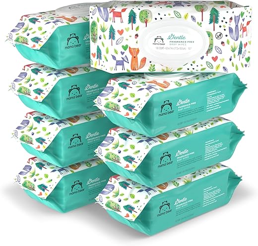 Amazon Brand – Mama Bear Lenços Umedecidos para Bebês Sem Fragrância, Hipoalergênicos, 800 Unidades (8 Pacotes de 100)