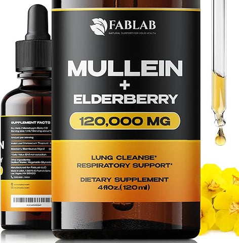 FabLab - Extrato de Folha de Mullein com Sabugueiro 118 ml – Fabricado nos EUA – Gotas para Melhorar os Pulmões – Tintura de Mullein para Desintoxicação Pulmonar – Limpeza Brônquica para Fumantes – Herbal Respiratório