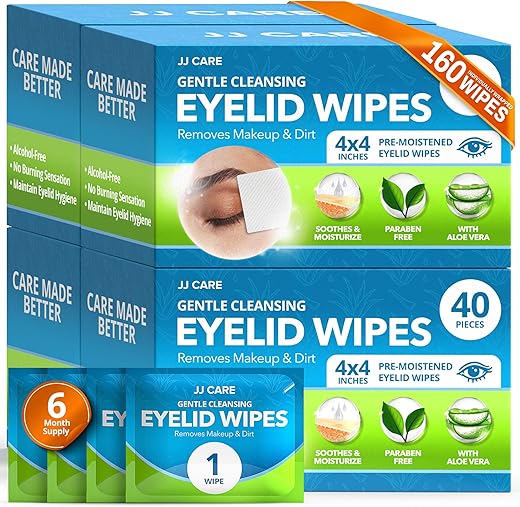 Lenços de Limpeza para Pálpebras 160 Unidades, Lenços Individuais para Limpeza das Pálpebras, Lenços Hidratantes para Olhos Irritados, Coceira e Secos, Lenços Hipoalergênicos para Limpeza dos Olhos - JJ CARE