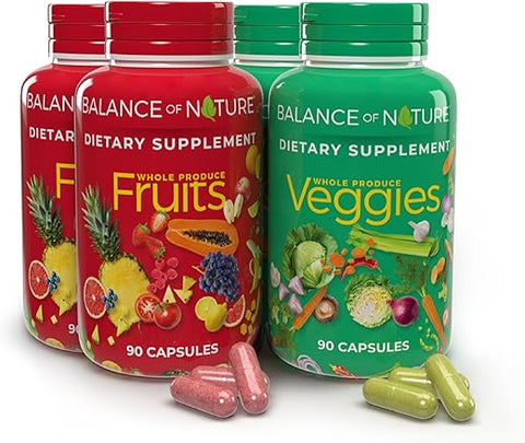 Fruits and Veggies – Suplemento Alimentar com Frutas e Vegetais Superfoods para Mulheres, Homens e Crianças – 90 Cápsulas de Frutas, 90 Cápsulas de Vegetais – 2 Conjuntos - Balance of Nature