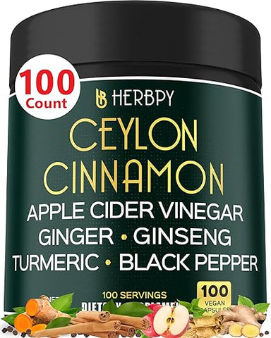 Herbpy - 6in1 Suplementos Premium de Canela do Ceilão 7550mg + Vinagre de Maçã, Cúrcuma, Gengibre, Ginseng Panax