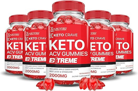 Justified Laboratories - (5 Pacotes) Gomas Keto Crave Keto ACV Extreme 2000MG Fórmula Avançada de Gomas Keto Crave Keto Vinagre de Maçã com Romã e Beterraba em Pó B12 Vegano Não Transgênico 300 Gomas