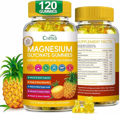 CNFHDI - Magnesium Glycinate Gummies 600mg – 120 Unidades | Magnésio Glicinato Sem Açúcar com Vitamina D, B6 e CoQ10 para Equilíbrio Emocional