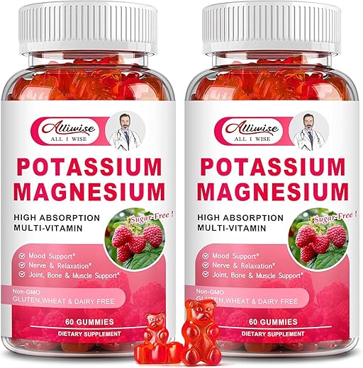 Alliwise - Gomas de Suplemento de Potássio e Magnésio com Citrato de Potássio 200mg e Glicinato de Magnésio 500mg para os Ossos