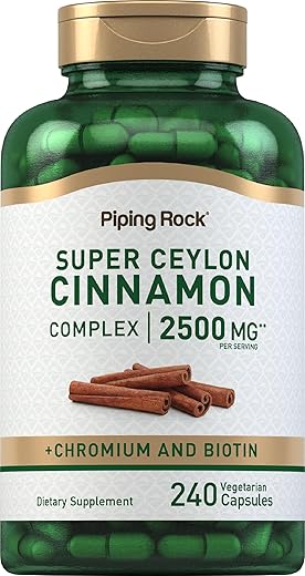 Cápsulas de Canela do Ceilão 2500 mg | 240 Comprimidos | Suplemento Complexo com Cromo e Biotina | Vegetariano, Não-OGM, Sem Glúten - Piping Rock