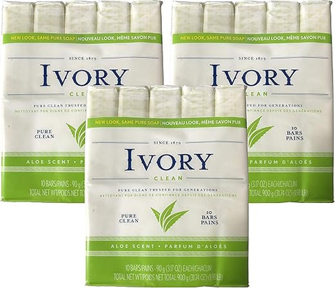 Sabonete Ivory, Limpeza Pura, Barras de 3,17 oz (90 g), 10 cada, Pacote com 3 (30 Barras no Total)