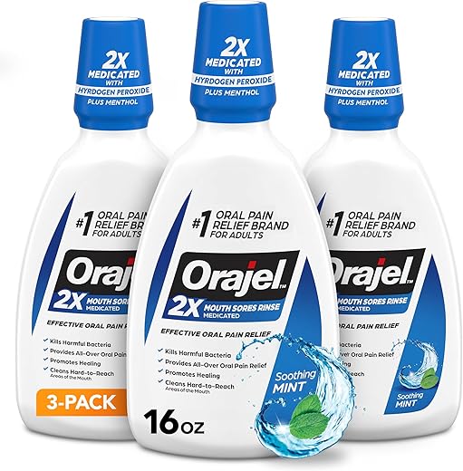 Enxaguante Bucal para Feridas na Boca 473ml, Sabor Menta Suave, Alívio da Dor, Estimula a Cicatrização, Kit com 3 Unidades - Orajel