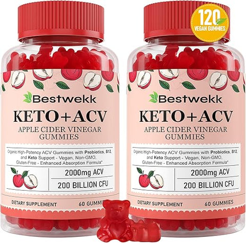 Bestwekk - Gomas de Vinagre de Maçã, Max Força 2000mg ACV com Probióticos, B12 e Suporte Keto, Para Digestão, Metabolismo, Desintoxicação, Intestino