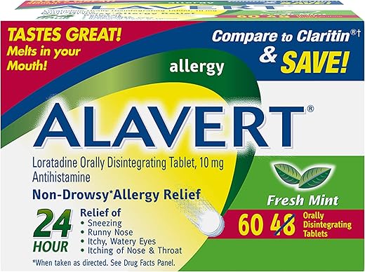 Allergy 24 Horas, Sabor Menta Fresca, Comprimidos Antialérgicos de Dissolução Oral, Antihistamínico Não Sonolento, Loratadina 10mg, 60 Unidades - Alavert