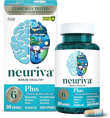 Plus: Suplemento Cérebro para Memória e Concentração com Nootrópicos Testados Clinicamente para Clareza Mental e Aprimoramento Cognitivo – Vitaminas B6, B12, Fosfatidilserina - NEURIVA