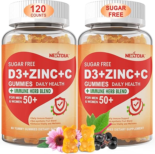 Nextdia - Gomas de Vitamina C D3 Zinco sem Açúcar para Adultos 50+, Suplemento Imunológico 9 em 1 com D3 5000UI, Sabugueiro, Equinácea, Folha de Verbasco para Fortalecer a Imunidade, Poder