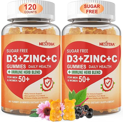 Nextdia - Gomas de Vitamina C D3 Zinco sem Açúcar para Adultos 50+, Suplemento Imunológico 9 em 1 com D3 5000UI, Sabugueiro, Equinácea, Folha de Verbasco para Fortalecer a Imunidade, Poder