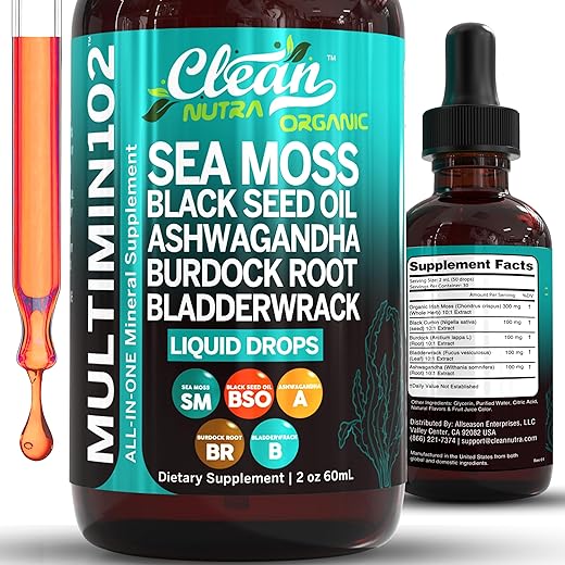 Suplemento Líquido de Musgo do Mar com Óleo de Semente Preta, Ashwagandha e Raiz de Bardana – 30ml - Clean Nutraceuticals