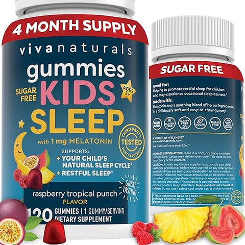 Viva Naturals - Gomas de Dormir para Crianças com Melatonina 1 mg – Veganas, Sem Glúten e Sem Açúcar – Suporte Calmante para o Sono em Goma Mastigável para Crianças a partir de 3 anos