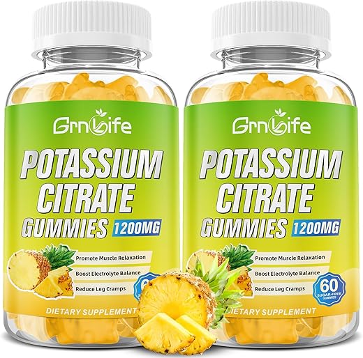 GrnLife - Gomas de Citrato de Potássio, Suplemento de Potássio em Gomas 1200mg Suporte a Cãibras nas Pernas
