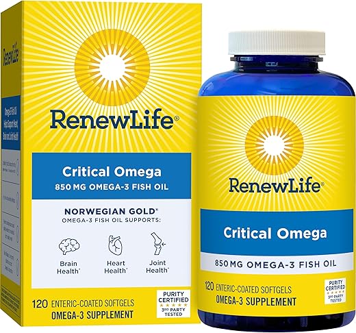 Norwegian Gold Critical Omega Softgels – Suporte Diário para Coração, Cérebro e Articulações – Ômega-3 EPA e DHA – Livre de Laticínios e Glúten – 850 Mg 120 Cápsulas - Renew Life