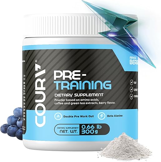 Pré-Treino Sabor Frutas Vermelhas 300g – 10,5 Ounces – Pó de Proteína – Aumento de Energia – Suporte para Foco e Resistência – Cordyceps – Ideal para Atletas – Sem Glúten - COURA