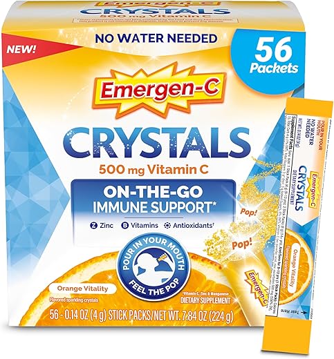 Crystals: Suplemento de Suporte Imunológico On-The-Go com Vitamina C, Vitaminas B, Zinco e Manganês, Sabor Laranja Vitalidade – 56 Pacotes em Pó - Emergen-C