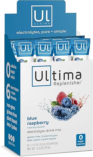 Bebida Hidratante de Eletrólitos, Sabor Framboesa Azul, 20 Sachês – Sem Açúcar, 0 Calorias, 0 Carboidratos – Sem Glúten, Keto, Não-OGM, Vegano, com - Ultima Replenisher