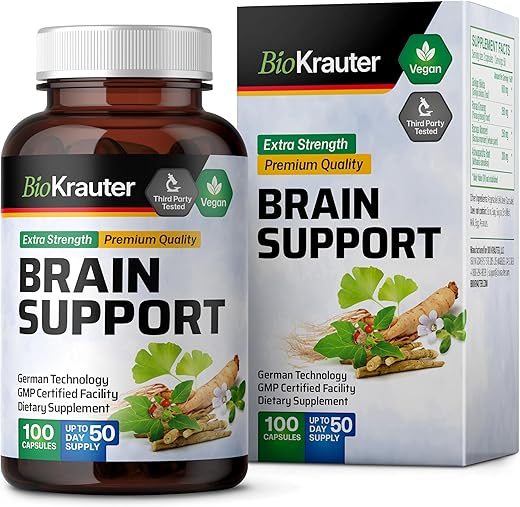 BIO KRAUTER - Suplemento de Suporte Cerebral – Ashwagandha, Panax Ginseng e Ginkgo Biloba – 1200 mg – 100 Cápsulas Veganas, Sem Preenchedores