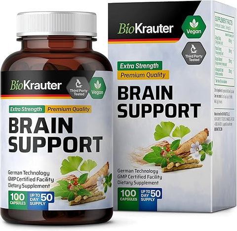 BIO KRAUTER - Suplemento de Suporte Cerebral – Ashwagandha, Panax Ginseng e Ginkgo Biloba – 1200 mg – 100 Cápsulas Veganas, Sem Preenchedores