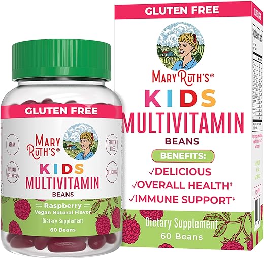 Vita-Beans para Crianças | Vitaminas Veganas Mastigáveis para Idades 4 | Suporte Imunológico | Saúde Óssea | Sabor Framboesa | 60 Unidades - MaryRuth Organics