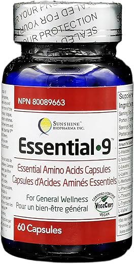 Sunshine Biopharma - Cápsulas de Aminoácidos Essenciais 9 Puros em Forma Livre para Imunidade, Proteção Muscular, Bem-Estar e Energia, Certificado Vegano