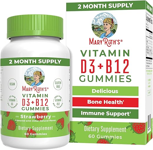 Gomas Veganas de Vitamina D3 e Vitamina B12 | Suprimento de 2 Meses | Suporte à Saúde Óssea | Suplemento de Suporte Imunológico | Suplementos Energéticos | Metil B12 Vegano Não-OGM - MaryRuth Organics