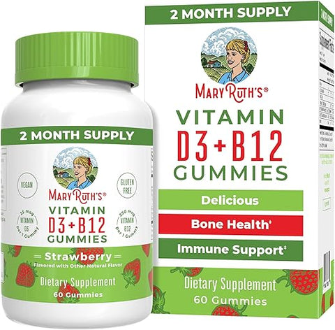 Gomas Veganas de Vitamina D3 e Vitamina B12 | Suprimento de 2 Meses | Suporte à Saúde Óssea | Suplemento de Suporte Imunológico | Suplementos Energéticos | Metil B12 Vegano Não-OGM - MaryRuth Organics
