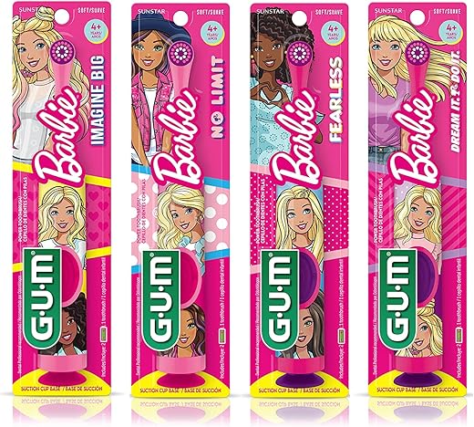 Escova de Dentes Elétrica GUM Barbie Kids com Base de Sucção para Saúde Oral e Remoção de Placa Dental, Idade 3+, 1 unidade (4 pacotes)