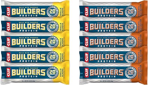 CLIF BUILDER'S - CLIF Builders – Pack Variado de Barras de Proteína à Base de Plantas – Chocolate Peanut Butter e Vanilla Almond – Sem Glúten – Não-OGM – Baixo Índice Glicêmico – 20g de Proteína – 68g (10 unidades)