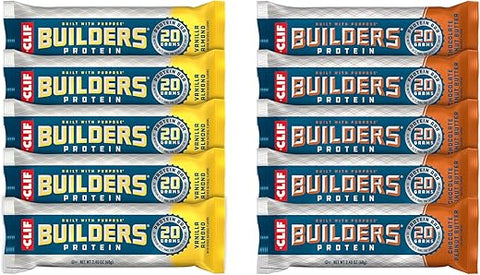 CLIF BUILDER'S - CLIF Builders – Pack Variado de Barras de Proteína à Base de Plantas – Chocolate Peanut Butter e Vanilla Almond – Sem Glúten – Não-OGM – Baixo Índice Glicêmico – 20g de Proteína – 68g (10 unidades)