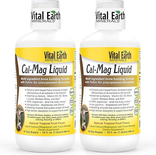 Cal-Mag Líquido – Suplemento de Cálcio e Magnésio com Vitamina D3, K2, Boro e Ácido Fúlvico para Absorção Rápida, 32 Oz (946 ml) por Copo de 1 Oz (30 g) - Vital Earth Minerals