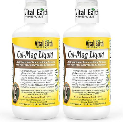 Cal-Mag Líquido – Suplemento de Cálcio e Magnésio com Vitamina D3, K2, Boro e Ácido Fúlvico para Absorção Rápida, 32 Oz (946 ml) por Copo de 1 Oz (30 g) - Vital Earth Minerals