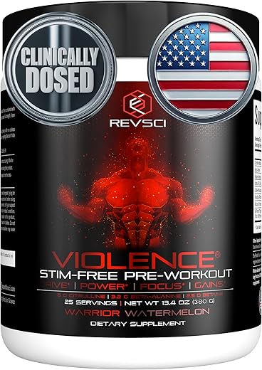 Revolution Science - VIOLENCE Pré-treino em Pó Sem Estimulantes por REVSCI, Fórmula de Pré-treino sem Cafeína, Suplemento para Bomba Muscular