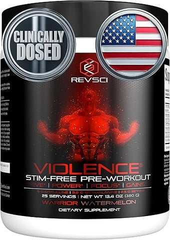 Revolution Science - VIOLENCE Pré-treino em Pó Sem Estimulantes por REVSCI, Fórmula de Pré-treino sem Cafeína, Suplemento para Bomba Muscular