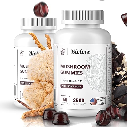 Biolore - Complexo de Cogumelos em Gomas: 10 Poderosos Cogumelos com Chaga, Cabeça de Leão, Reishi, Cordyceps – Estimulante Cerebral, Suporte Imunológico. Superfood de Cogumelos (2 Unidades)