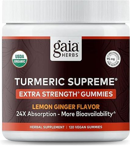 Turmeric Supreme Extra Strength Gummies – Suporte ao Alívio de Inchaço para Manter um Estilo de Vida Ativo – Sabor Limão e Gengibre – Gomas de Cúrcuma – 120 Veganas Orgânicas - Gaia Herbs