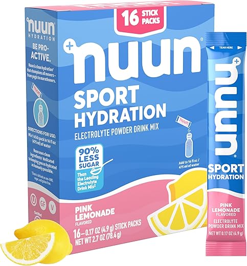 Sport – Sachês de Pó Eletrólito Sabor Limonada Rosa | 5 Eletrólitos Essenciais para Hidratação | Mistura em Pó Fácil de Abrir com Magnésio | 1g Açúcar | Não Transgênico, Vegano | 16g - Nuun