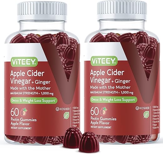 Viteey - Gummies de Vinagre de Maçã 1.000mg com Gengibre – Detox para Emagrecimento e Suporte Imunológico – Vegano, Sem Glúten, Sem Gelatina, Sem GMO – Mastigável