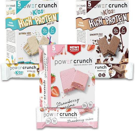 Barras de Wafer de Proteína e Barras de Proteína Power Crunch KIDS, Pacote Variado, (15 Unidades) Snacks de Alta Proteína com Sabor Delicioso - Power Crunch