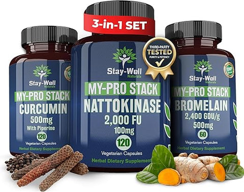 Stay-Well Naturals - Suplemento de Suporte, Nattokinase 2000 FU 100mg, Bromelina 500mg, Curcumina 500mg, Fornecimento de 60 Dias, Protocolo Completo de Nattokinase Bromelina Curcumina (Conjunto de 3 Frascos)